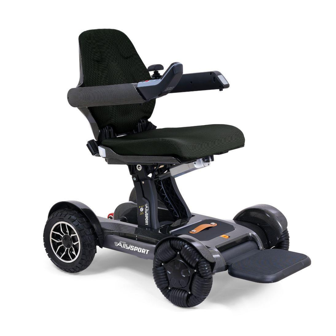 The Golden Tech Ally Sport Smart Powerchair features black and gray styling, ergonomic memory foam seating, armrests, footrest, and omni-directional wheels. Its sleek, compact design and app control make it ideal for both indoor and outdoor use.